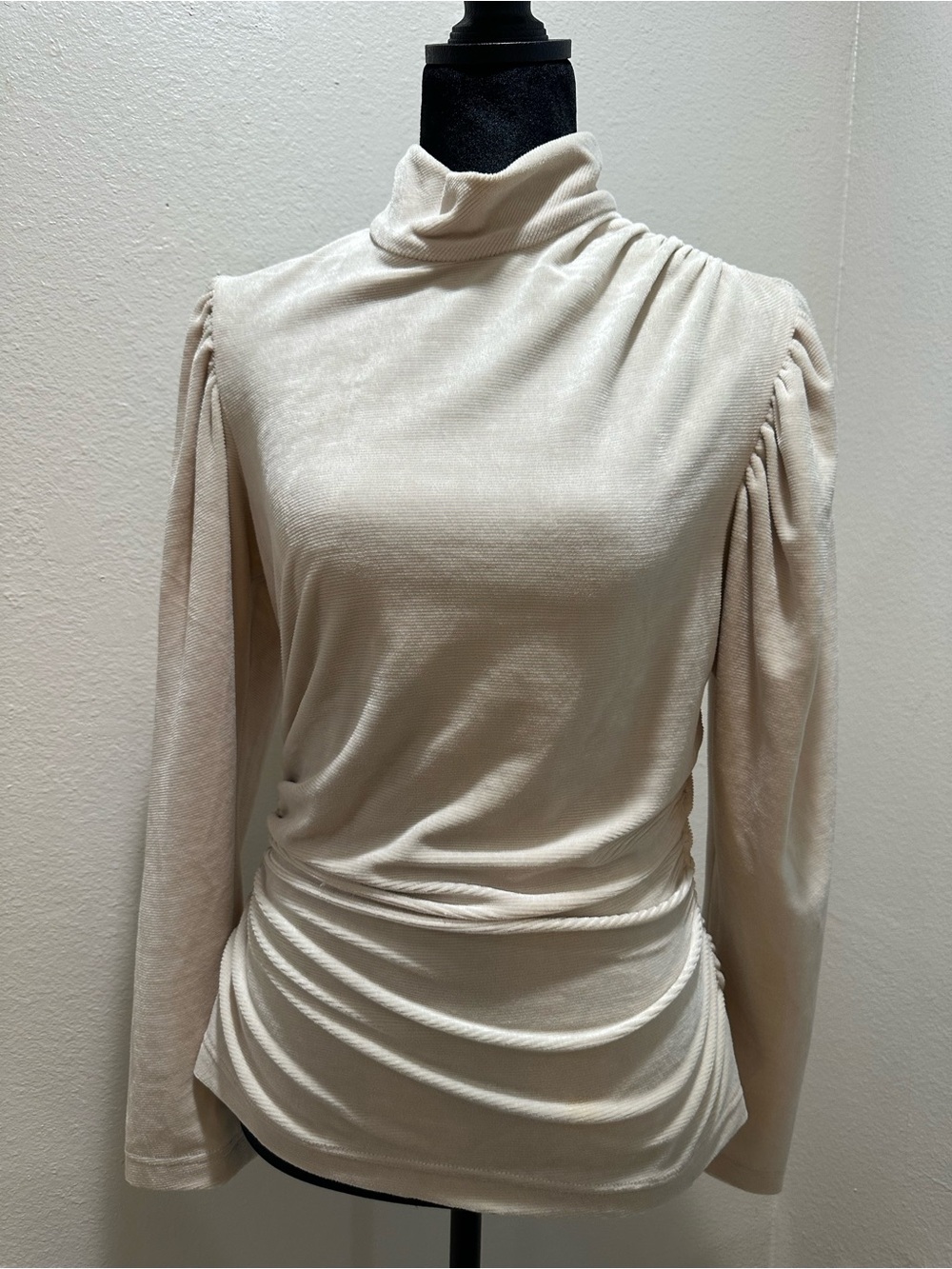 A.L.C. Cream Ruched Turtleneck with Shoulder Gather